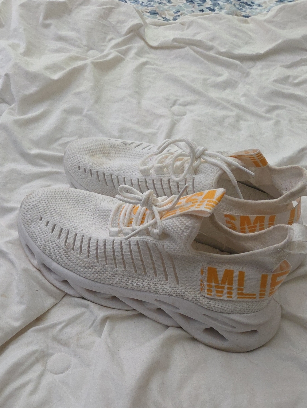 White and Yellow Knit Slip-On Sneakers